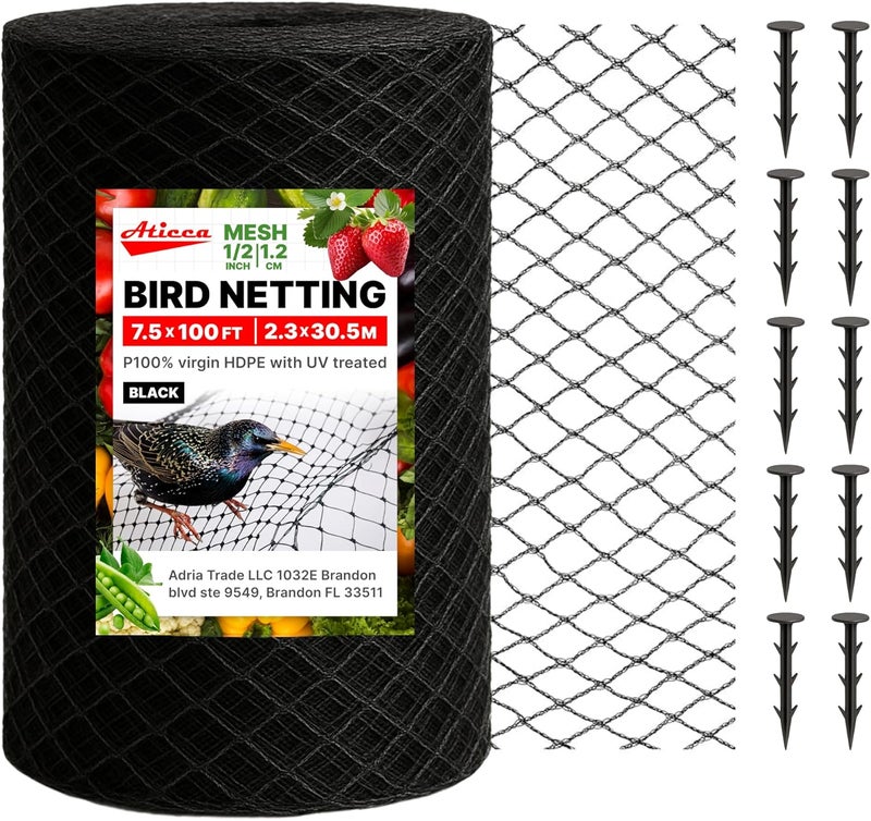 Aticca Heavy Duty Bird Netting for Garden Protection & Fruit Trees, 7.5x100 Ft with 10 Stakes – Black Anti-Bird Net for Poultry, Deer, & Squirrel Protection, Durable Nylon Mesh for Garden and Yard Use - Image 1